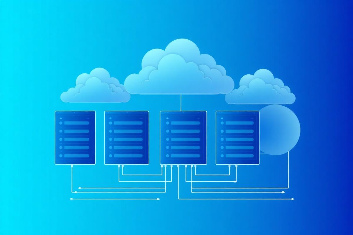 Cloud deployment infrastructure with multiple servers and data flow visualization