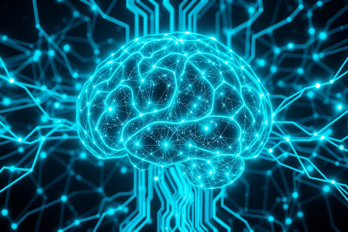 Neural network and AI brain visualization with interconnected layers and data processing
